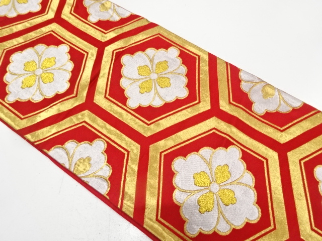 アンティーク　花亀甲模様織り出し袋帯（着用可）